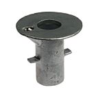 Industrial hot-dip galvanised cast iron ground socket featuring a top flange with a set screw for pipe mounting.