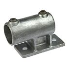 Heavy-duty galvanised cast iron vertical railing side support with two set screws and a rectangular mounting base for pipe attachment.