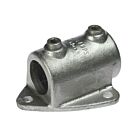 A silver-colored cast iron gutter board clamp featuring two top set screws and a flat mounting base with holes.