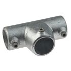A durable galvanized iron cast T-clamp with three hexagonal set screws designed for securing metal pipe rail structures.
