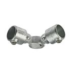 Hot-dip galvanised cast iron 90-degree corner swivel pipe fitting with adjustable sockets and integrated set screws for tube connections.
