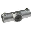 A heavy duty galvanized steel T-clamp with three set screws for securing pipes at angles between eleven and thirty degrees.