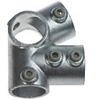 Galvanized cast iron angle pipe fitting with set screws for joining structural tubes at specific angles for industrial use.