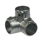 Heavy-duty hot-dip galvanised cast iron three-way 90-degree elbow pipe fitting with set screws for secure connections.