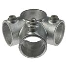 A galvanized cast iron T-clamp pipe fitting with multiple socket openings and hex-head set screws for securing metal tubes.
