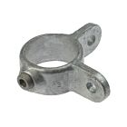 A galvanized metal molded hinge portion featuring a circular pipe clamp with a set screw and two mounting tabs.