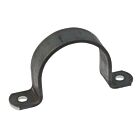 A black metal saddle bracket with a curved arch and two flat flanges featuring mounting holes on a white background.