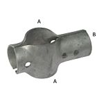 A heavy-duty hot-dip galvanised two-part metal T-clamp for pipe connections, featuring clear assembly labels A and B.