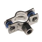 A stainless steel 316 pipe clamp with an M8 threaded nut, dual fastening screws, and protective blue washers.