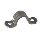 Durable metal saddle bracket strip used for securing pipes, featuring two pre-drilled holes for easy installation on flat surfaces.