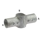 A heavy-duty hot-dip galvanised metal cross joint fitting with four pre-drilled bolt holes for securing intersecting structural pipes.