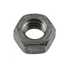 A top-down view of a single zinc-plated steel hexagonal nut with internal threads, meeting DIN 934 standards.