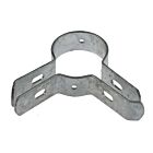 A silver, hot-dip galvanised metal corner bracket clamp designed to secure mesh panels to round fence posts at an angle.
