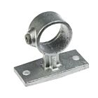 A hot dip galvanised cast iron G143 handrail bracket with a circular pipe opening and rectangular mounting base.