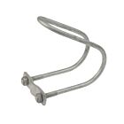 A hot-dip galvanised oblique wire clamp featuring a curved loop, a metal mounting plate, and two secure hexagonal nuts.