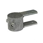 A hot-dip galvanised steel ring pipe clamp featuring two parallel mounting plates with holes for rotation and hinge assembly.