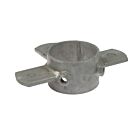 A galvanised steel ring pipe clamp featuring three projecting lips and threaded holes for securing pipes and structural fittings.