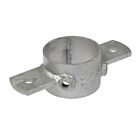 A silver hot-dip galvanized ring pipe clamp featuring two side lips with pre-drilled holes for secure mounting on surfaces.
