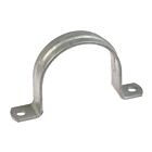 A U-shaped hot-dip galvanised metal saddle pipe clip with two mounting holes, designed for securing pipes to flat surfaces.