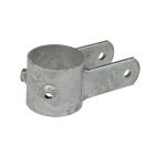 A hot-dip galvanized metal pipe support clamp featuring a cylindrical center and two protruding lips with pre-drilled bolt holes.
