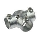 A silver hot-dip galvanized cast iron side outlet tee fitting with three openings and set screws for secure pipe connections.