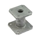 A hot-dip galvanized cast iron spacer featuring two square four-hole flanges connected by a central tube on white.