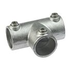 Silver-colored hot-dip galvanized cast iron T-clamp fitting with three set screws for securing industrial metal pipes and railings.