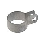 A silver galvanized circular metal clamp with a square bolt hole tab, used for securing fencing to round posts.