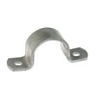 A hot-dip galvanized steel saddle bracket with a 30x5 mm strip profile and pre-drilled holes for securing pipes.