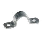A hot-dip galvanized steel bracket strip with a central arch and two mounting holes for securing pipes or conduits.
