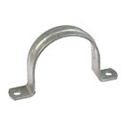 A silver-colored hot-dip galvanized steel two-hole pipe strap designed for securing industrial piping and conduits to flat surfaces.