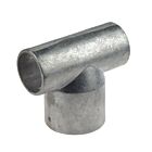 A silver-colored aluminum T-clamp connector designed to join two pipes at a ninety-degree angle for industrial or modular structural frames.