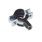 Zinc-plated metal pipe clamp with black rubber insulation and dual-threaded M8/M10 hexagonal connection nut on a white background.