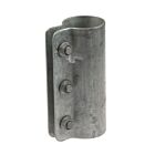 A one-part hot-dip galvanized steel pipe connecting clamp featuring three vertical bolts for secure fastening on a white background.