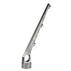 Silver aluminum barbed wire extension arm with a sixty-degree angle and three notches for wire attachment on fencing.