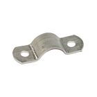 A silver stainless steel 304 half saddle bracket strip with two mounting holes for securing pipes or cables.