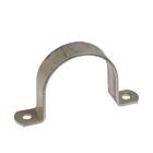 A U-shaped stainless steel saddle bracket with flat mounting tabs and pre-drilled holes for secure pipe fastening.