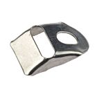 Small curved stainless steel corner reinforcement piece for mesh panel fencing with a rectangular opening and a circular screw hole.