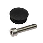 A stainless steel M8 bolt with a socket head next to a textured black plastic ribbed end cap.