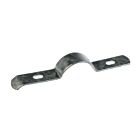A silver hot-dip galvanised extended bracket with two mounting holes for securing double bar mesh panel fence components.