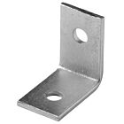 A silver zinc-plated L-shaped metal angle bracket with two pre-drilled holes for mounting and structural support in various applications.