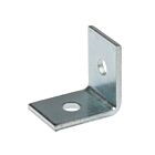 Zinc plated L-shaped metal bracket with two mounting holes, designed for 90 degree corner support and structural reinforcement.