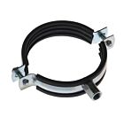 Zinc-plated metal pipe hanger clamp with black rubber insulation and a threaded nut for mounting.