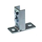 A zinc-plated metal saddle flange with a rectangular base and a vertical U-channel secured by two hex bolts.