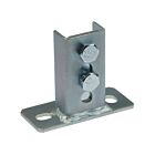 A square-shaped zinc-plated steel saddle flange with two hexagonal bolts and a flat mounting base for secure support.