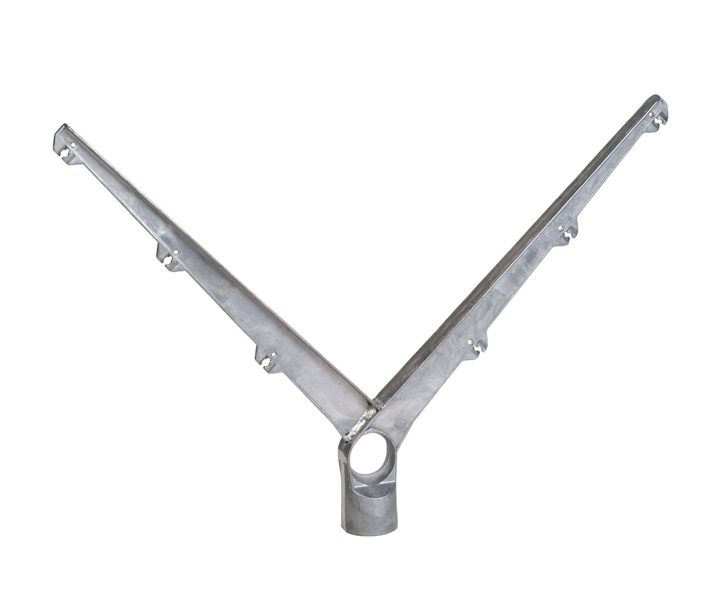 A V-shaped aluminium double barbed wire arm featuring a 45-degree angle and six wire slots for enhanced perimeter security fencing.