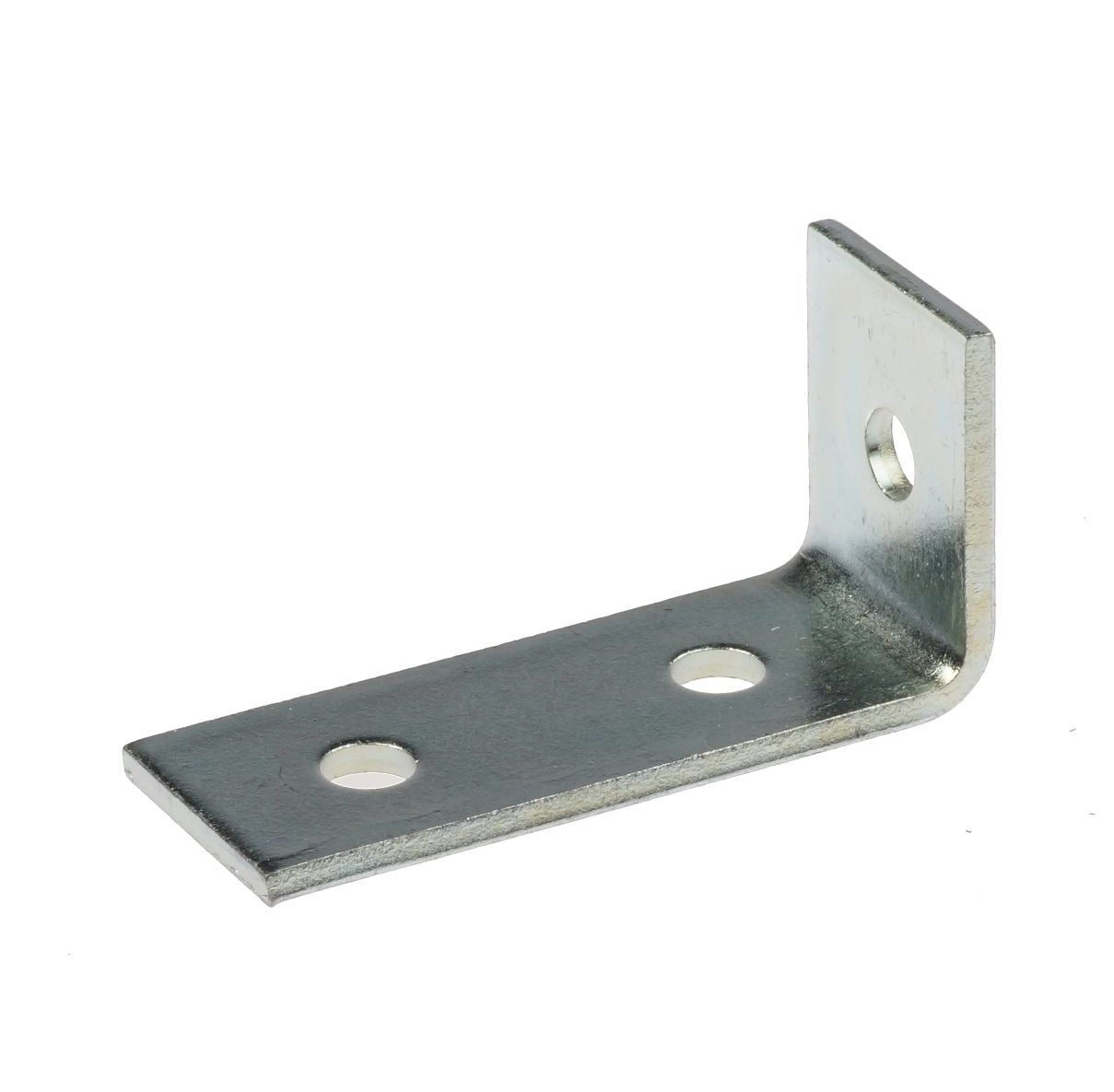 L-shaped zinc-plated metal bracket with a 90-degree bend and three pre-drilled mounting holes for secure structural support.