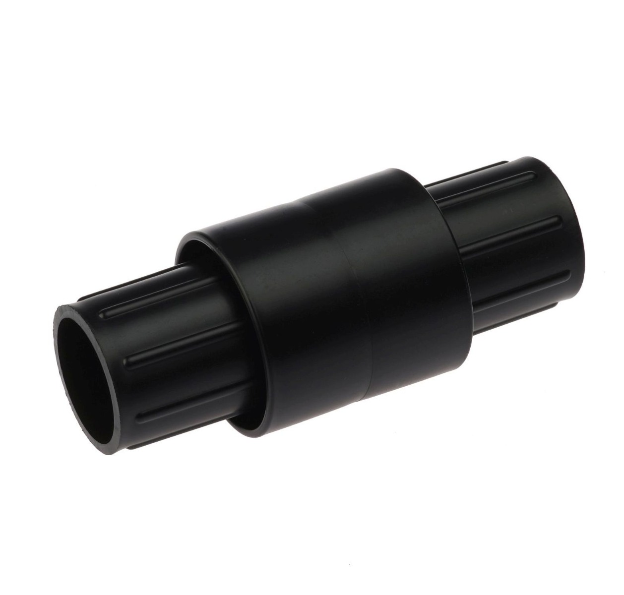 A black 42mm plastic internal tube connector with ribbed ends for secure fitting on a plain white background.