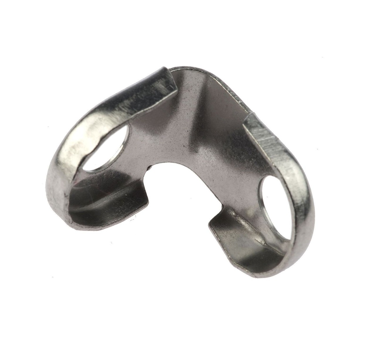 A close-up of a U-shaped 8mm stainless steel strut holder featuring two mounting holes on a white background.