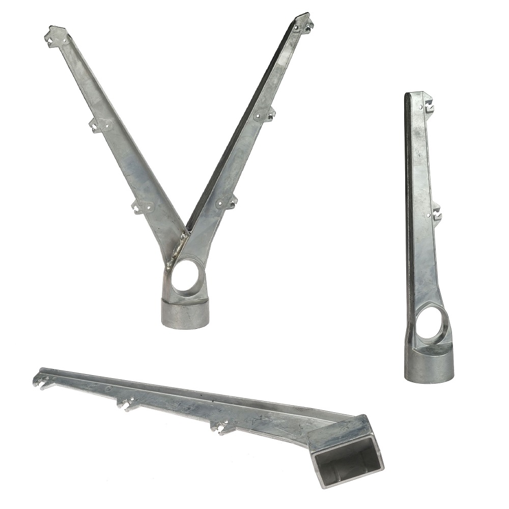 Three styles of silver-colored aluminum barbed wire heads for industrial fencing, including V-shaped and single-arm angled post extensions.